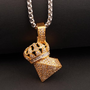 Iced Out Moissanite Crown Pendant: 14k Gold Plated Sterling Silver Hip Hop Jewelry