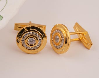 Vintage 14k Gold Plated Cufflinks: Handmade Round Diamond Suit Accessories