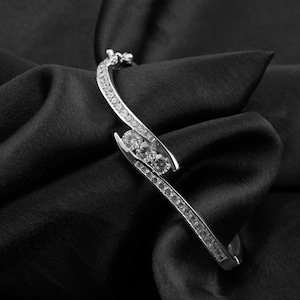 Diamond Half Eternity Bangle Bracelet: 14k White Gold Plated & Sterling Silver