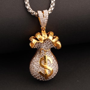 Moissanite Money Bag Pendant: 925 Sterling Silver, 14k Gold Plated