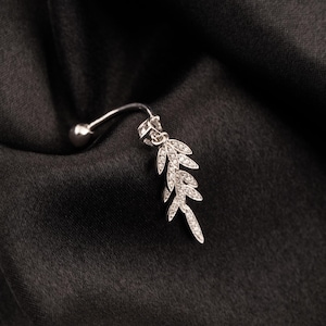 14k Solid Gold Diamond Leaf Dangle Belly Button Ring