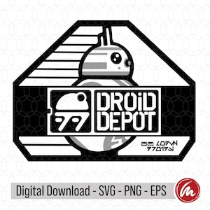 Puede incluir: Diseño gráfico en blanco y negro de un droide con el texto "DROID DEPOT" y el número "77".