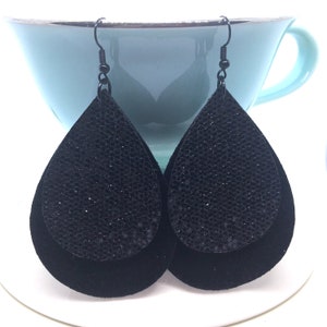 Black Fine Glitter & Black Suedette Earrings, Layered Teardrop Earrings, Dangling Earrings, Lightweight Earrings