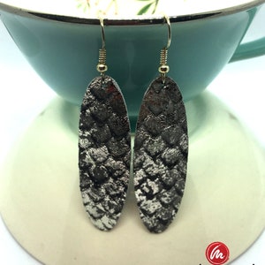 Snakeskin Embossed Gray & Silver Leather Drop Earrings, Genuine Leather, Lightweight Earrings