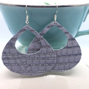 Snakeskin Embossed Light Gray & Silver Leather Teardrop Hoop Earrings, Genuine Leather, Lightweight Earrings