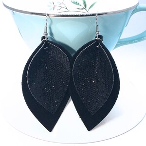 Black Fine Glitter  & Black Suedette Earrings, Pinched Double Leaf Earrings, Dangling Earrings, Lightweight Earrings