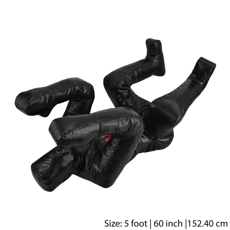 May include: Black training dummy made of padded fabric, lying on its back with arms and legs outstretched. Size: 5 foot | 60 inch | 152.4 cm