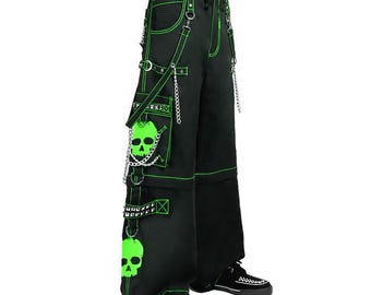 Gothic Black Green Skull Cargo Pants – Baggy Rave Streetwear with Chains & Straps