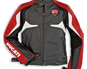 Chaqueta de motociclista Ducati Desmo de cuero rojo y negro / Chaqueta de motociclista con protección CE de cuero genuino