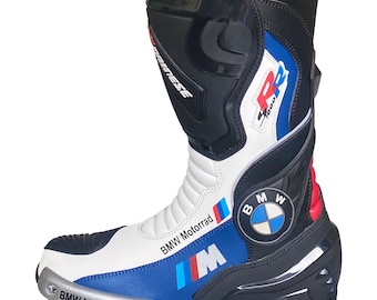 Botas de cuero para motociclismo BMW Motorrad / Equipo de protección para motociclismo en pista / Azul blanco S1000RR