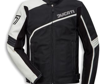 Ducati77 Men’s Black White Racing Leather Jacket | CE Armor Motorcycle Biker Gear