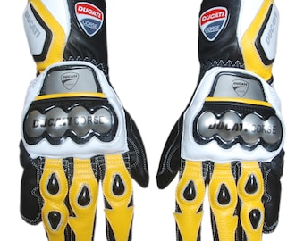 Ducati Corse Yellow Leather Racing Gloves: Cowhide Motorbike Protective Gear
