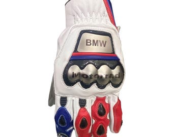 Guantes de cuero para carreras de motos BMW Motorrad, color blanco, rojo y azul, equipo de protección