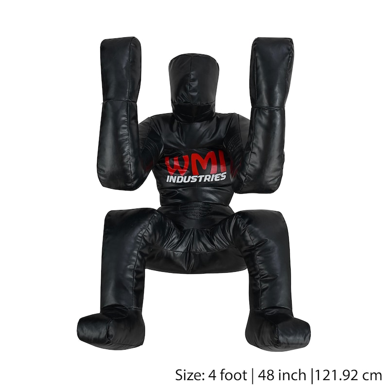 May include: Black leather training dummy with red WMI INDUSTRIES logo. The dummy is 4 feet tall and has arms and legs that can be used for striking practice.