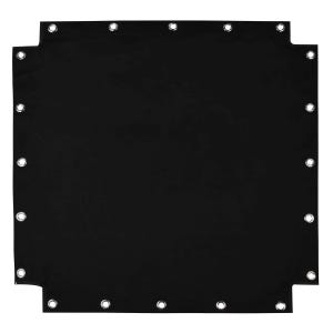 May include: A square, black fabric with metal grommets evenly spaced around the perimeter. The fabric has a matte finish and is cut with notched corners.