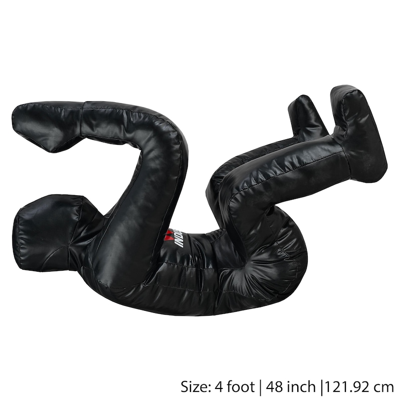 May include: Black freestanding punching bag for martial arts training. The bag is 48 inches tall and is shaped like a person in a fighting stance.