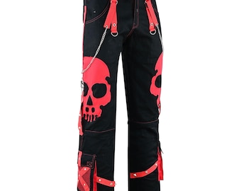 WMI Men’s Gothic Pants – Red Skull, Chains, Straps, Studs – Punk Rock Streetwear, Alternative Fashion