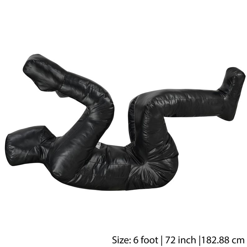 May include: Black training dummy for martial arts, lying on its back with arms and legs bent. Size: 6 foot | 72 inch | 182.88 cm