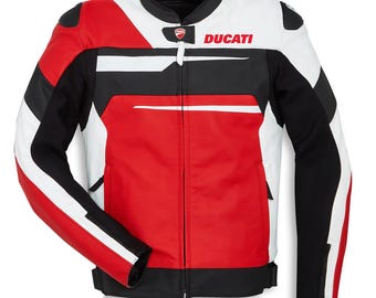Ducati Red & White Leather Motorcycle Jacket: CE Armor, Cowhide Racing Biker