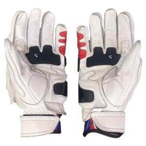 May include: White leather motorcycle gloves with black and red accents. The gloves feature a padded design with a BMW logo on the knuckles and wrist straps. The gloves have a secure wrist closure.