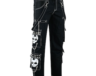 WMI Men’s Gothic Skull Pants – Black Streetwear with Chains, Studs & White Skull Print – Punk Alternative Fashion Trousers