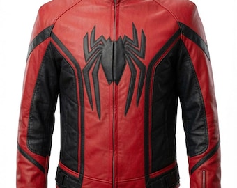 May include: A red and black jacket featuring a stand-up collar, a full-length front zip, and a large black spider emblem centred on the chest. The design includes black side panels, long sleeves with zipped cuffs, and adjustable side straps.