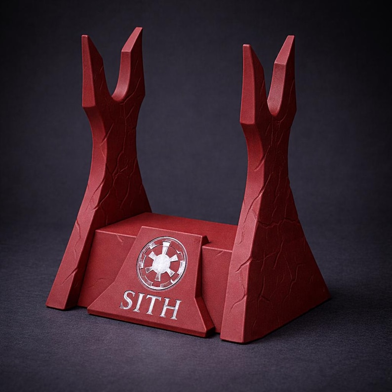 May include: A red lightsaber display stand with the word "SITH" in silver lettering. The stand features a symbol and a textured surface. The stand has two upright supports with a split design.