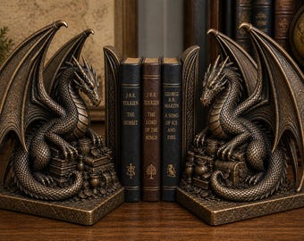 Drachen Buchstützen Bronze | Fantasy Drache Buchstützen | Gothic Dekor | Dark Academia Bücherregal Dekor | Mittelalterliche Bibliothek Dekor | Buch-Liebhaber-Geschenk