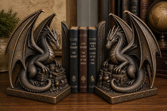 Dragon Bookends Bronze | Fantasy Dragon Book Ends | Gothic Decor | Dark Academia Bookshelf Decor | Medieval Library Decor | Book Lover Gift