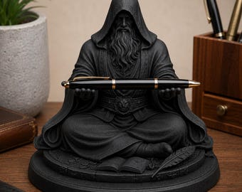 Meditating Wizard Pen Holder | Fantasy Desk Organizer | Magic Wizard Statue Pen Stand | Unique Office Decor | Gift for Writer