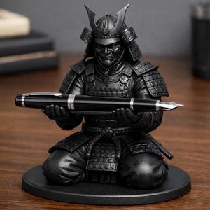 May include: A matte black figurine of a kneeling samurai warrior wearing traditional armor and a helmet. The samurai is positioned on a circular base and holds a sleek black fountain pen with silver accents horizontally in both hands.