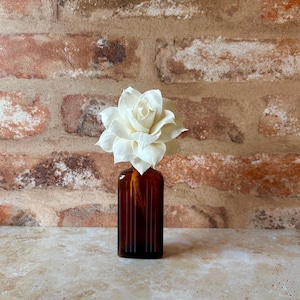 May include: A cream-coloured sola wood flower with layered, delicate petals sits inside a small, rectangular amber glass bottle. The bottle features vertical ribbed detailing along its sides and a narrow neck holding the stem of the flower.