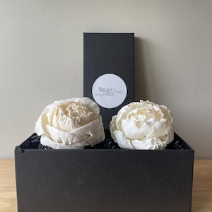May include: Two ivory peony flowers sit in a black box with black paper shreds. A black rectangular box stands behind the flowers. The box has a white circular label with the text "Vintage Diffusers".