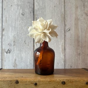 May include: A small, amber-coloured glass bottle with a narrow neck containing a single, cream-coloured, multi-petaled flower. The flower has pointed, layered petals that form a rounded, bloom-like shape, resting securely within the bottle opening.