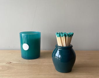 Vintage Fortnum and Mason teal Match Pot set