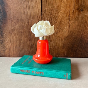 May include: A bright orange glass bottle with a silver-toned neck and a white flower-shaped topper. The bottle is resting on a green hardcover book with the text HOUSE PLANTS printed in red on the spine and front cover of the book.