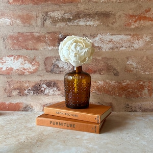 May include: A small amber glass bottle with a textured hobnail pattern and a narrow neck, containing a single large white peony flower. The bottle rests on two stacked orange books labelled Architecture and Furniture on their spines.