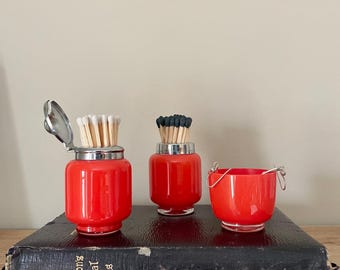 Match pot set fire engine red vintage tango glass