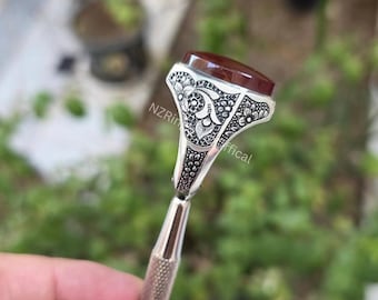 Natural Brown Red Agate  Yemeni Aqeeq Ring For Men Ring Sterling In Silver 925