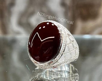 Natural Brown Red Agate  Yemeni Aqeeq Ring For Men Ring Sterling In Silver 925