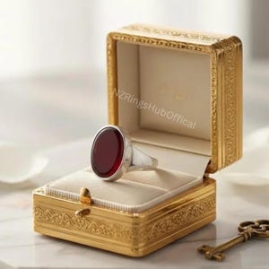 Peut inclure: Une bague en argent avec une grosse pierre ovale rouge foncé est présentée dans un écrin doré ouvert. L'intérieur de la boîte est de couleur crème et présente des détails ornés. Le texte "NZRingsHubOffical" est visible.