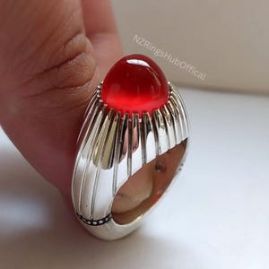 Natürlicher roter jemenitischer Aqeeq Ring | Handgemachte Sterling Silber Rot Achat Herren Islamischen Ring Geschenk