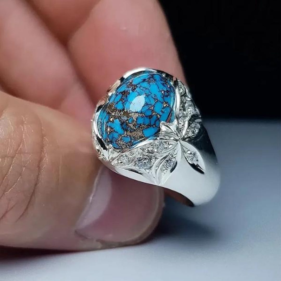 Handmade Sterling Silver Feroza Ring Natural Oval Blue Turquoise Mens ...