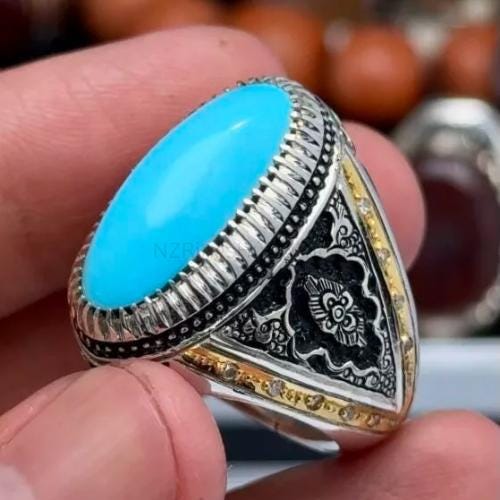 Handmade Sterling Silver Feroza Ring – Natural Oval Blue Turquoise