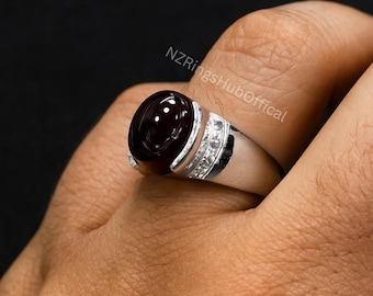 Natural Red Black Aqeeq Ring: Vintage Style 925 Sterling Silver
