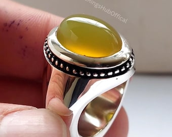 Yellow Agate Sterling Silver Men's Ring: Handmade Yemeni Aqeeq