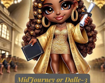 May include: A digital illustration of a chibi character in a gold graduation gown, holding a diploma and a book. The character has brown curly hair with gold accents and large brown eyes. The image includes text that reads "MidJourney or Dalle-3" and "Abrvana's Ultimate Chibi Graduation Prompt Guide."