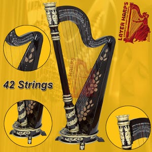 May include: A black and gold 42-string harp with intricate floral designs. The harp has a decorative stand with a gold base and a black top.