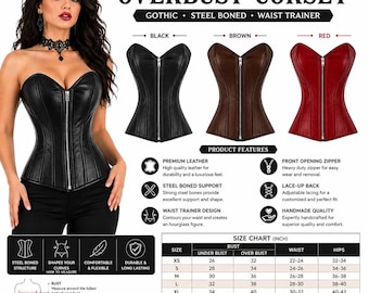 Handmade Leather Overbust Corset | Steel Boned Gothic Waist Trainer Front Zipper