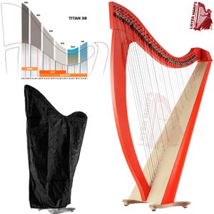 Puede incluir: Un arpa de palanca roja de 38 cuerdas con una tabla armónica de madera natural. El arpa viene con una funda de transporte acolchada negra. El arpa está etiquetada como "TITAN 38" y "LAYER HARPS".